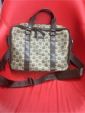 MCM Beige Monogram Canvas Laptop Bag with Brown Trim